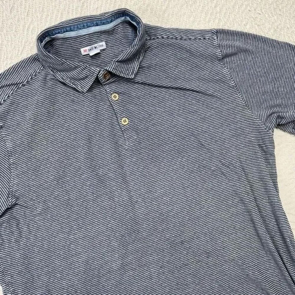 32 Bar Blues‎ Shirt Mens Large Blue Polo Striped Linen Cotton Blend Lightweight
